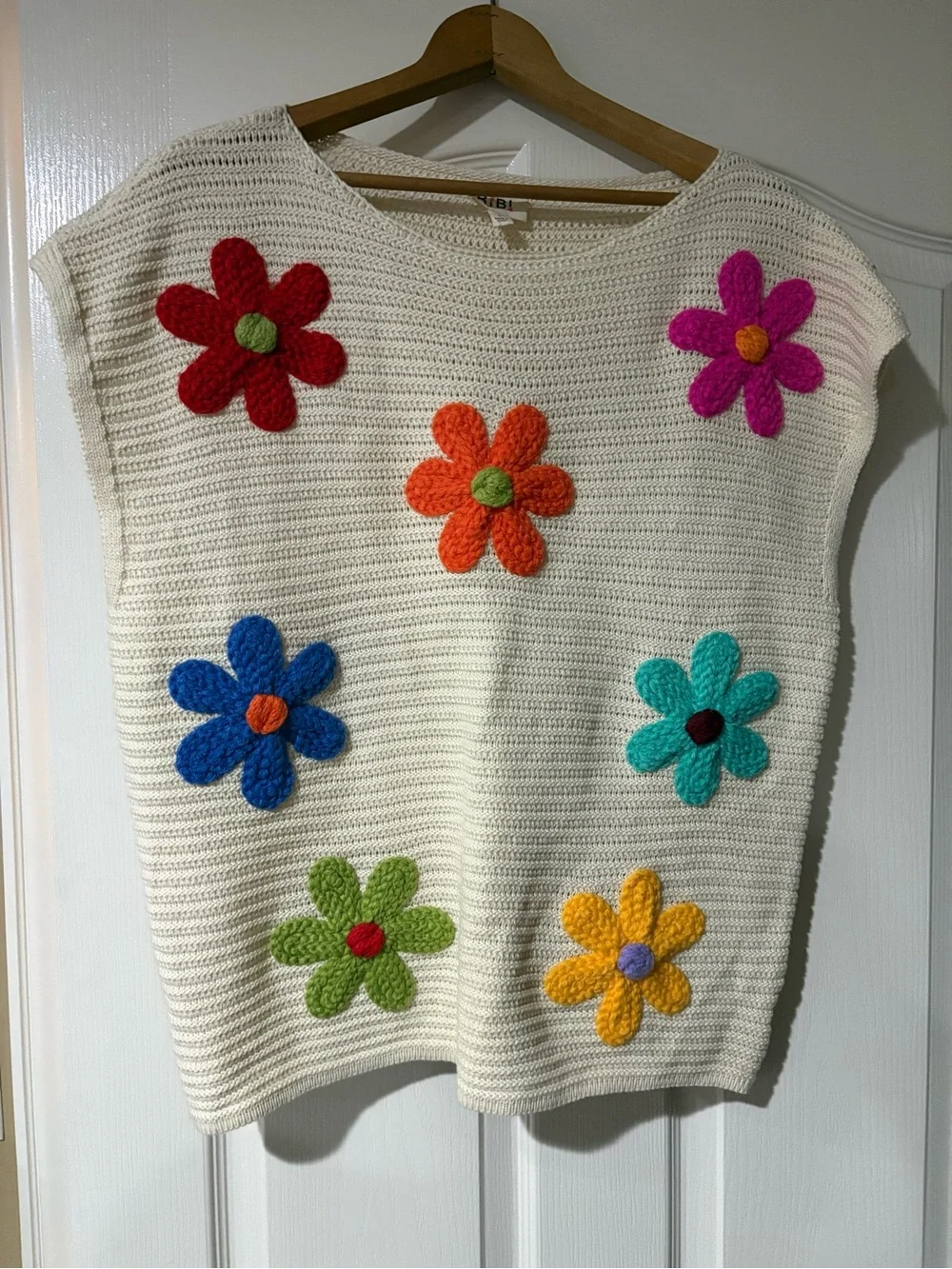 BiBi Cream Crochet Knit Shell with Floral Accents